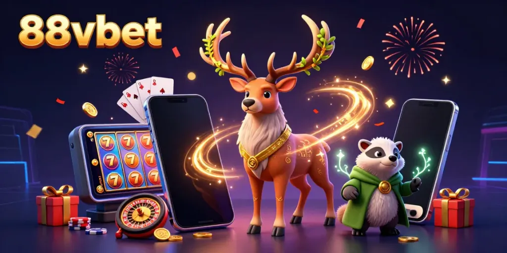 Engage in thrilling gameplay at 88vbet with cartoon characters surrounded by colorful slot games and vibrant casino elements.