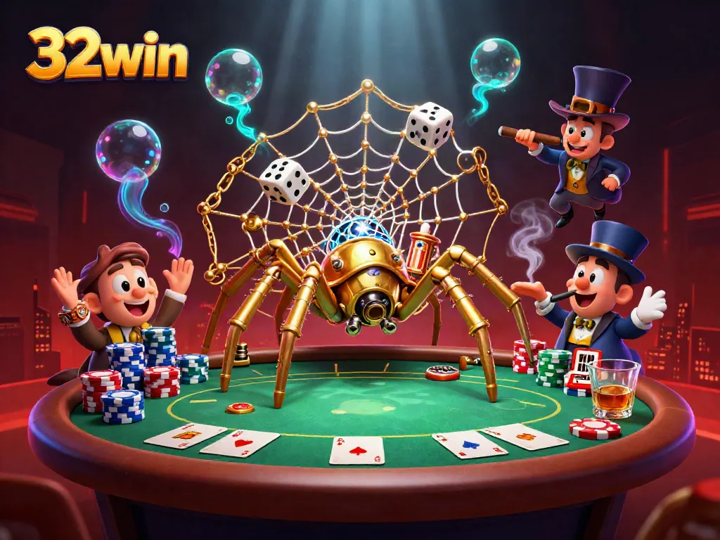 Engage with 32win's exciting gaming scene featuring a steampunk spider web and poker elements.