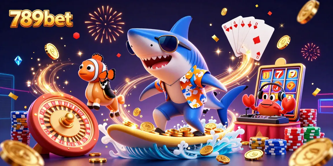 Surf thrilling wins on 789bet with a lively illustration of a shark, clownfish, and DJ crab.