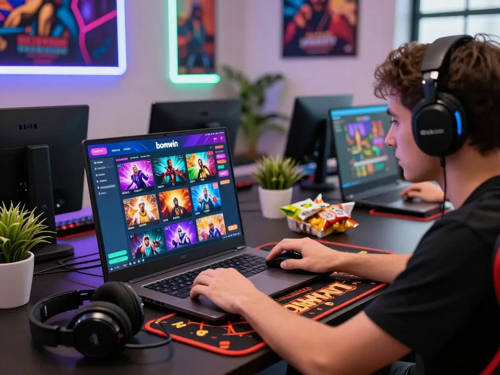 Player enjoying bomwin gaming platform in energetic gaming room with vibrant laptop and accessories.