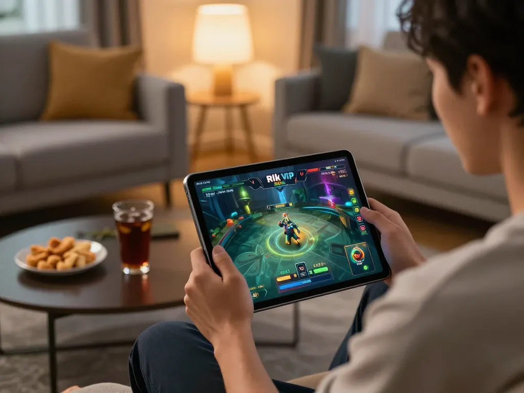 Engaging in a thrilling game of rik vip on a sleek tablet in a cozy home setting