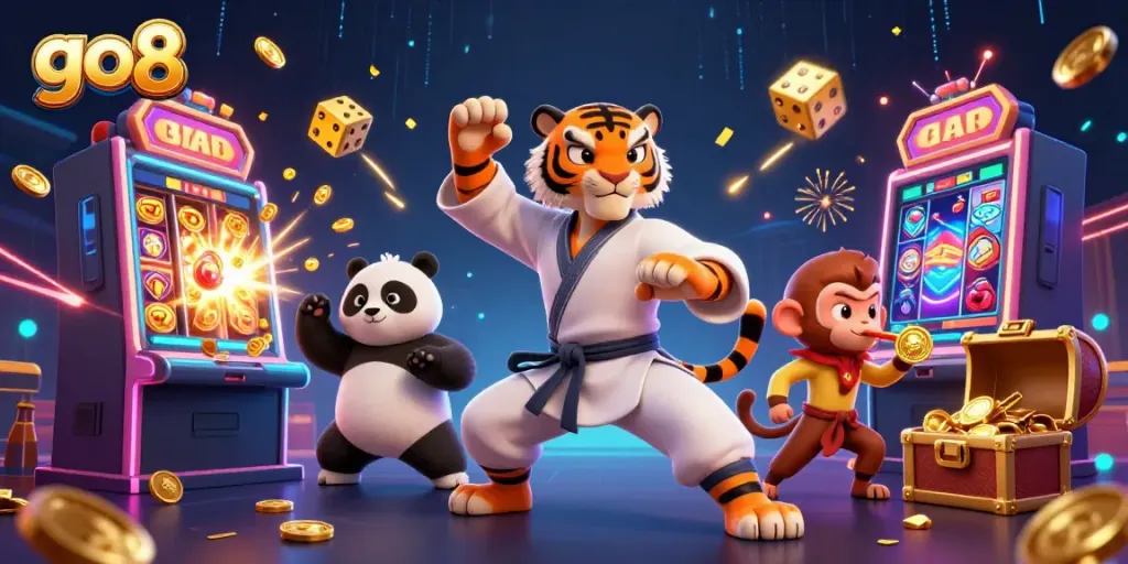 Experience big wins at go8 with a dynamic scene of a kung fu tiger master amidst casino symbols