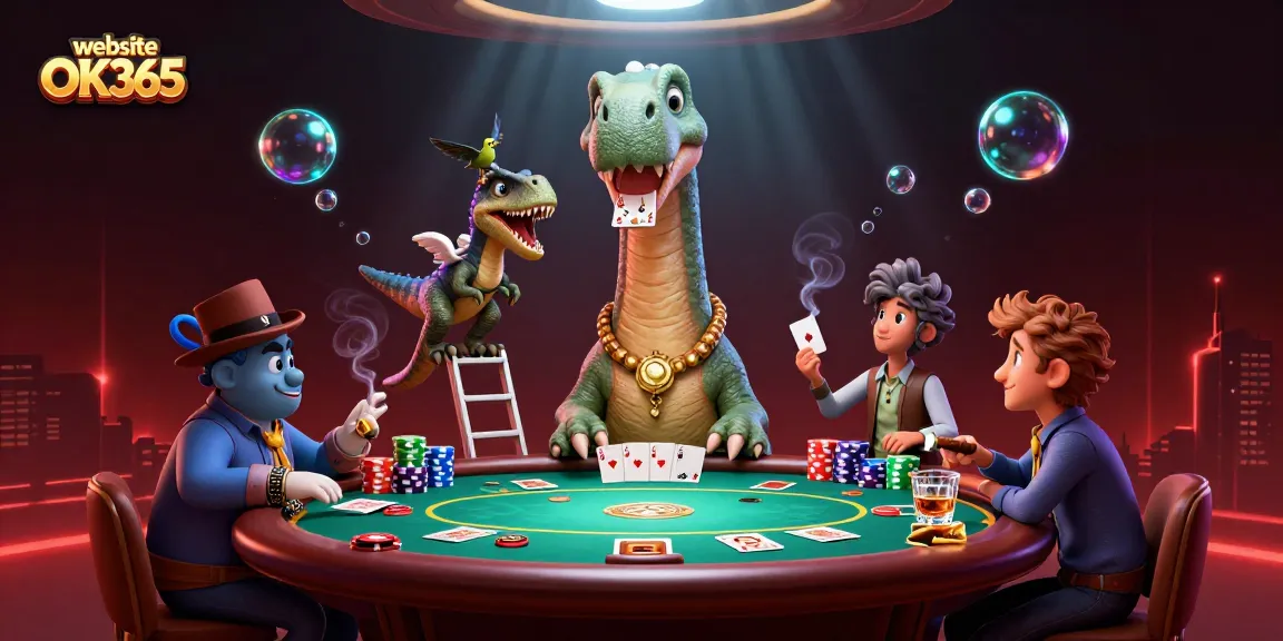 Join the excitement at website OK365 with a colossal dinosaur dealer overseeing poker action in a vibrant casino.