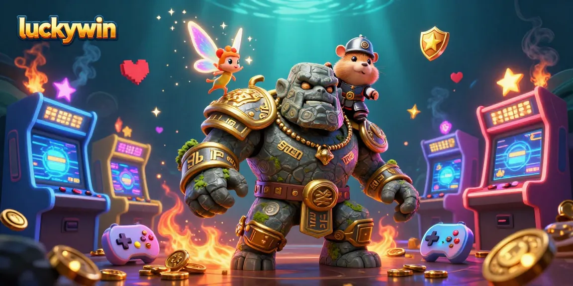 Experience luckywin's vibrant gaming world with an ancient golem, fairy, and hamster knight.