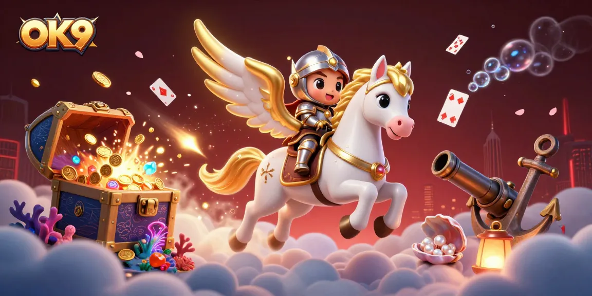 Win big with OK9's thrilling casino games, featuring a dynamic 3D illustration of a celestial horse.