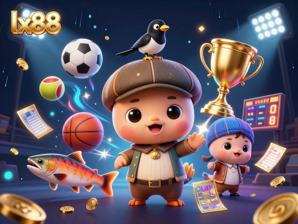 Bet on excitement with lx88 featuring Nessie and sports-themed elements in a vibrant 3D illustration.