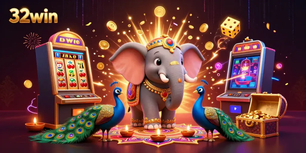 Experience 32win's vibrant slot machine explosion with a colorful Diwali-themed scene