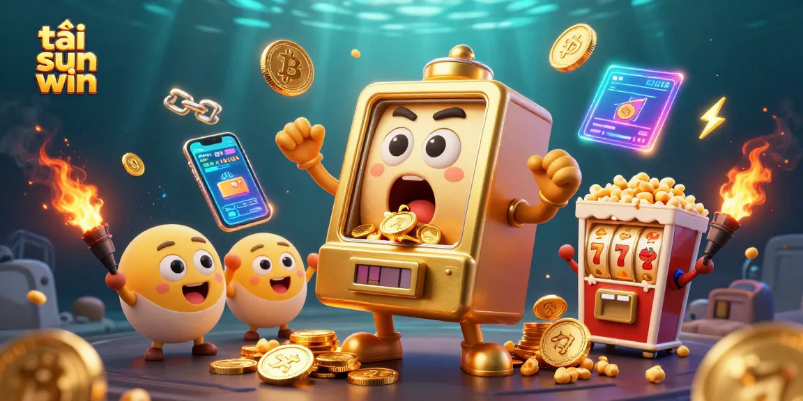 Spin the golden slot machine and win with tải sun win, showcasing vibrant casino elements and crypto coins.