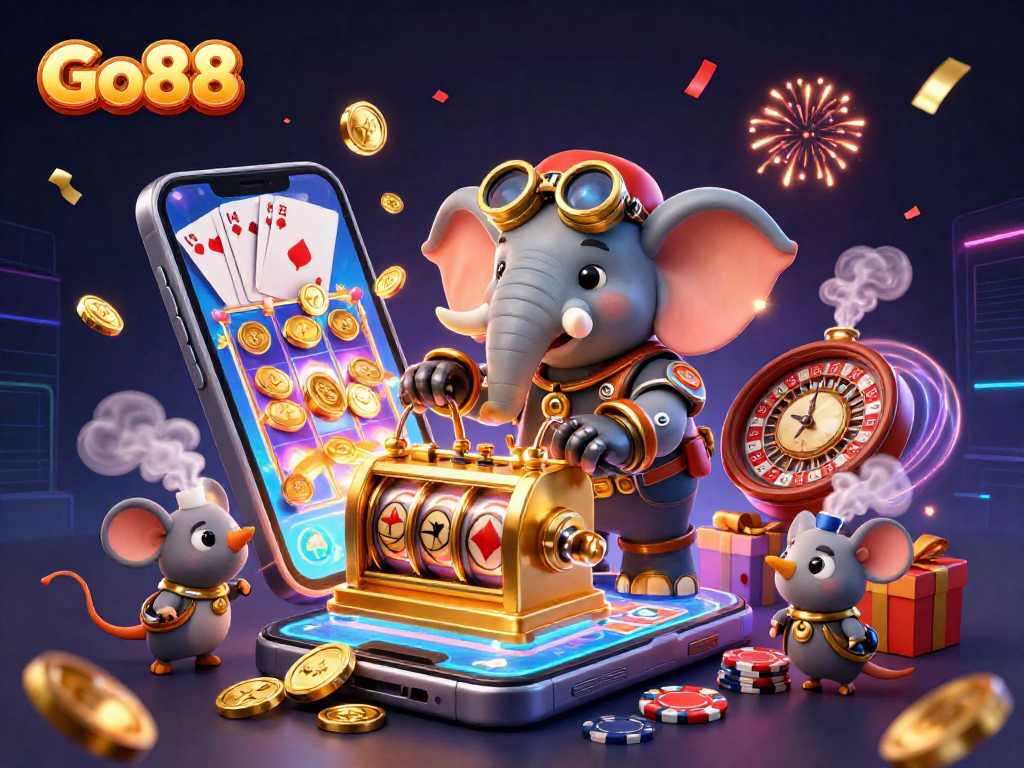 Engage with Go88's dynamic slot games, featuring exciting characters and vibrant casino elements.