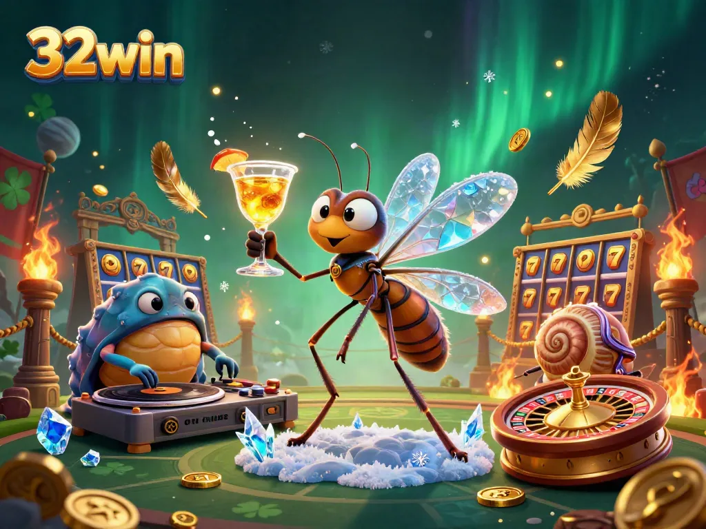 Engage with the thrilling world of 32win through a dynamic casino scene featuring animated characters and vibrant elements.