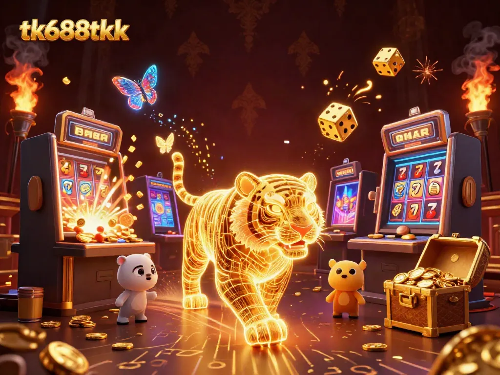 Engage in exciting gaming at tk688tkk with vibrant 3D visuals showcasing dynamic casino elements.