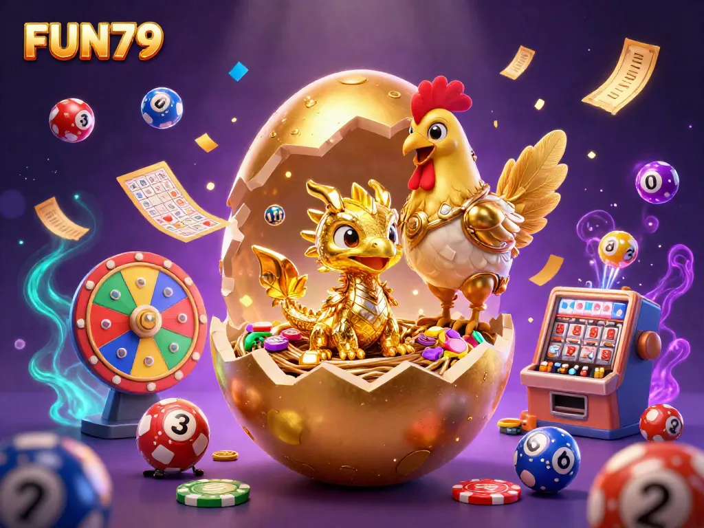Experience the thrill of FUN79 with a golden dragon and colorful casino elements in a dynamic scene.
