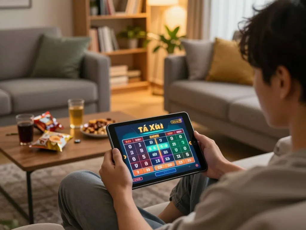 Engaged player enjoying tài xỉu online on a tablet in a cozy home environment, surrounded by snacks and warm lighting
