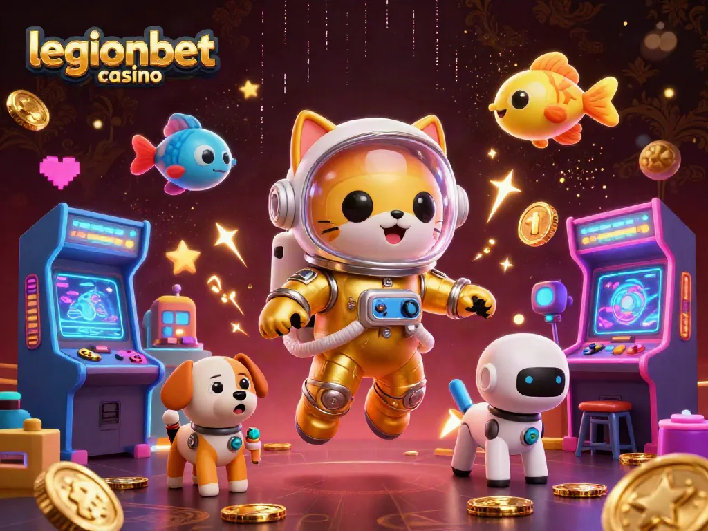 Engaging scene depicting legionbet casino with a golden astronaut cat and robot dog amidst vibrant gaming elements.