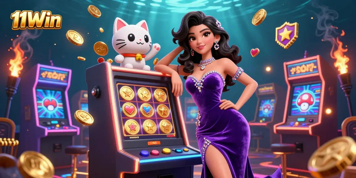 Play exciting games at 11Win with vibrant slot machines and a charming fortune cat mascot.