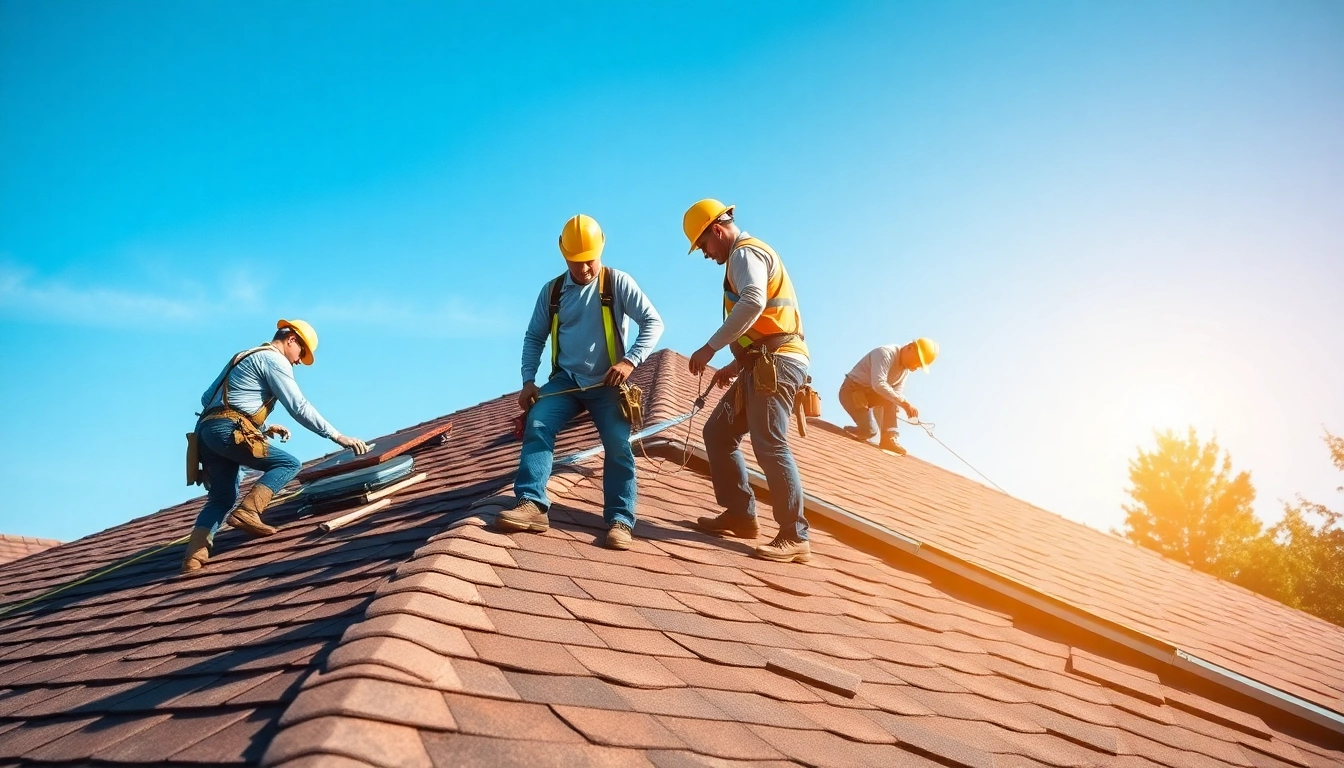 Roofing company team installing shingles on a sunny day in a suburban neighborhood.