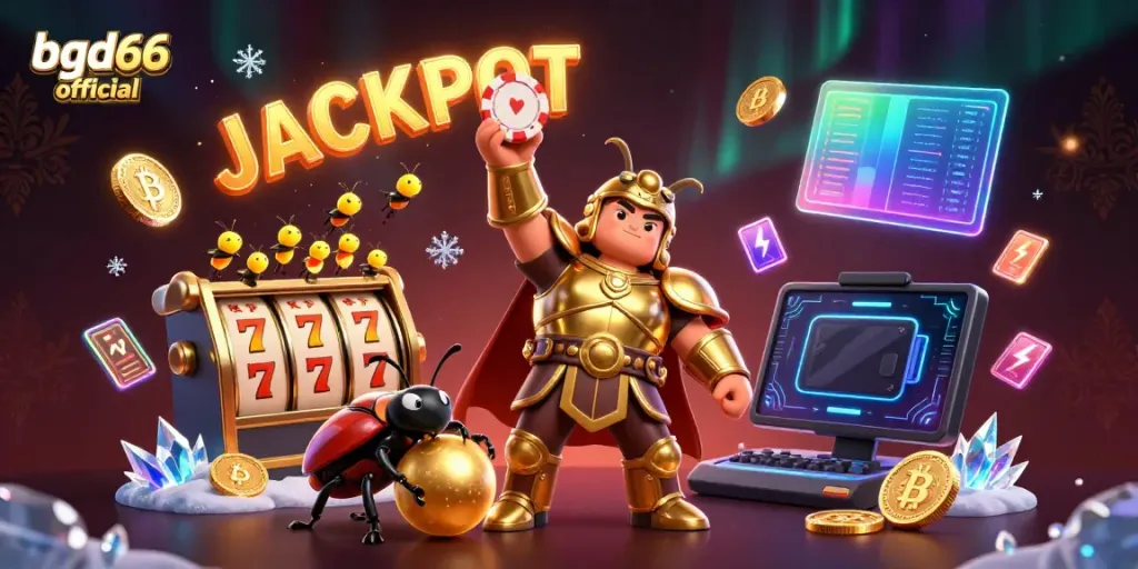 Experience the thrill with bgd66 official, where a victorious beetle celebrates jackpot wins among dynamic gaming elements.