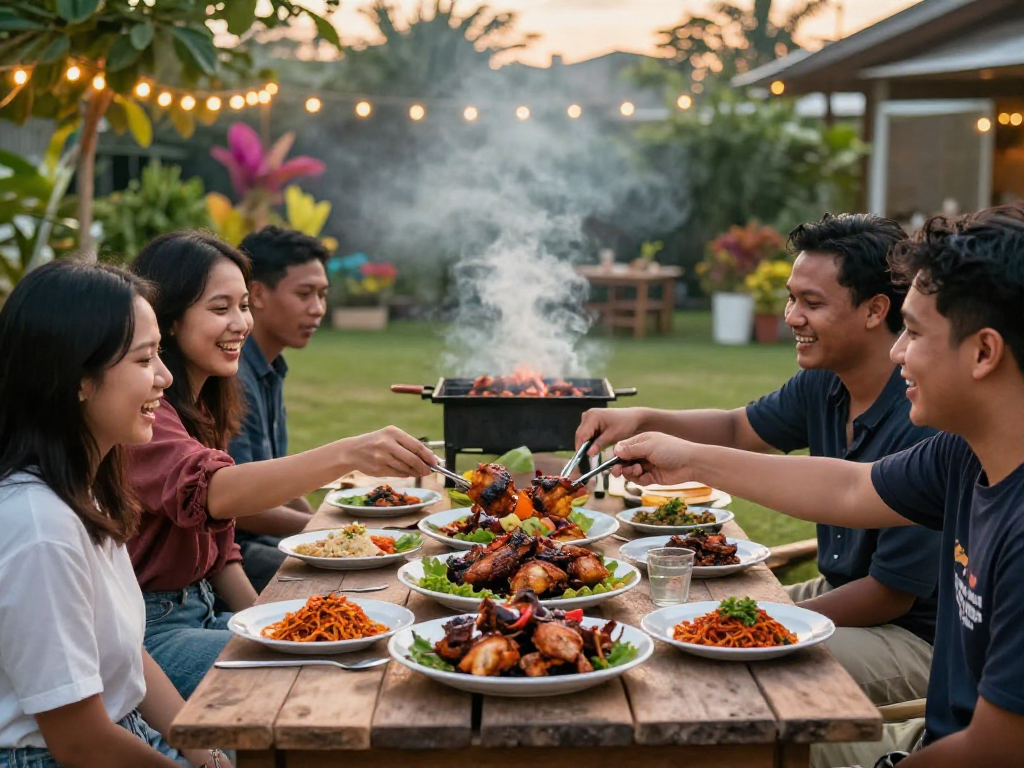 rokok 88 grilled ayam bakar served with sambal rawitan in a vibrant outdoor barbecue gathering