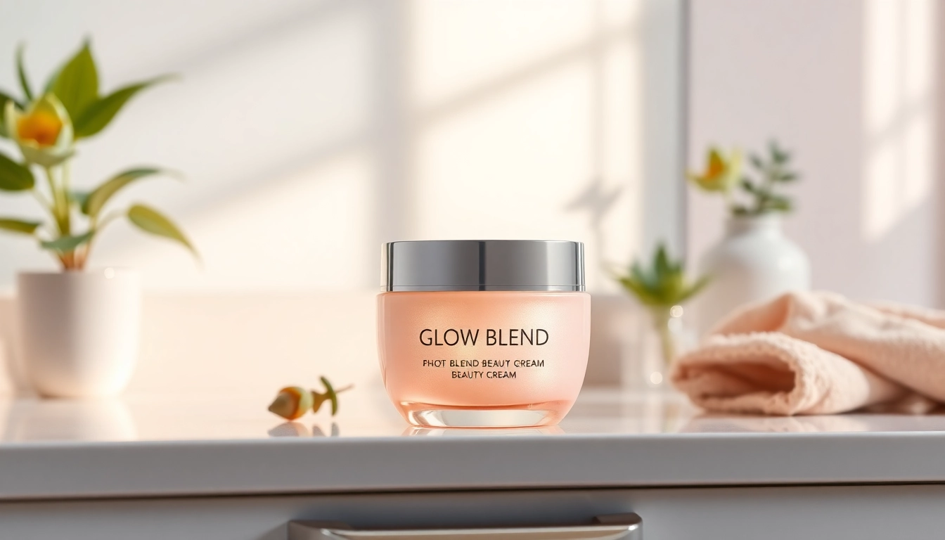 Elevate your skincare routine with Glow Blend, a luxurious beauty cream shining on a chic vanity.