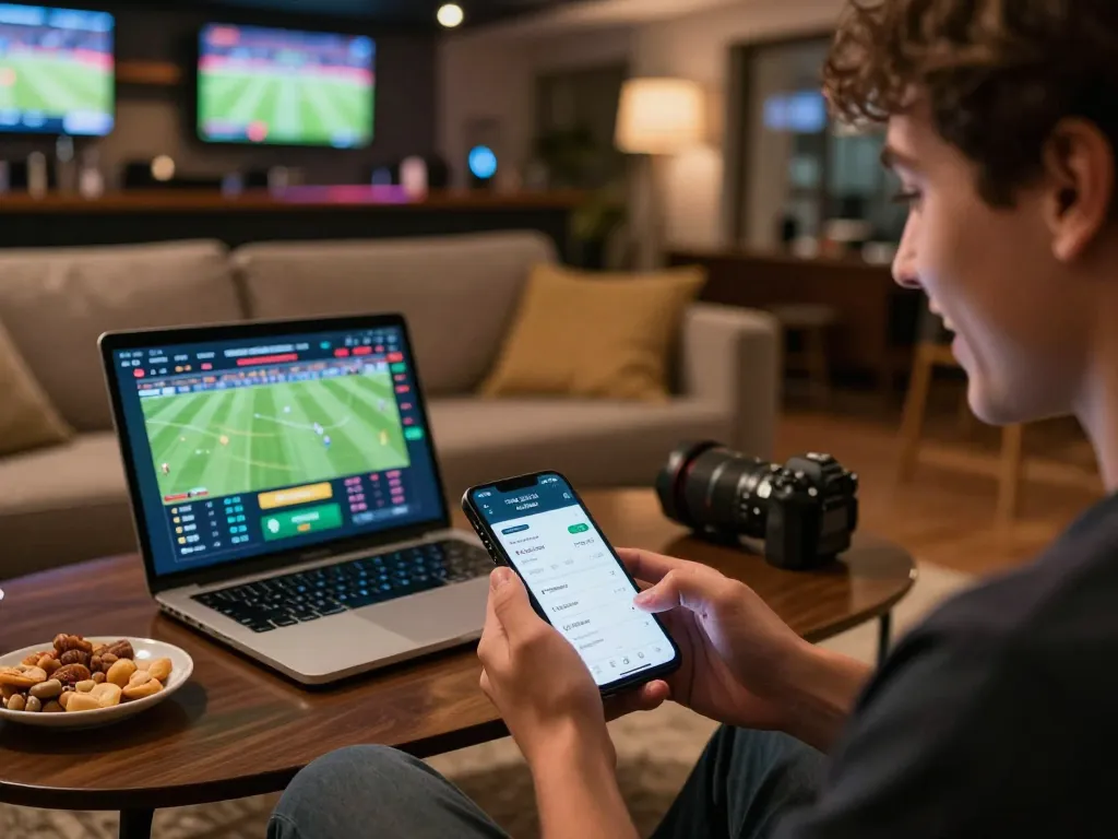 Xoilac app interface shows active sports betting while user engages in home viewing.