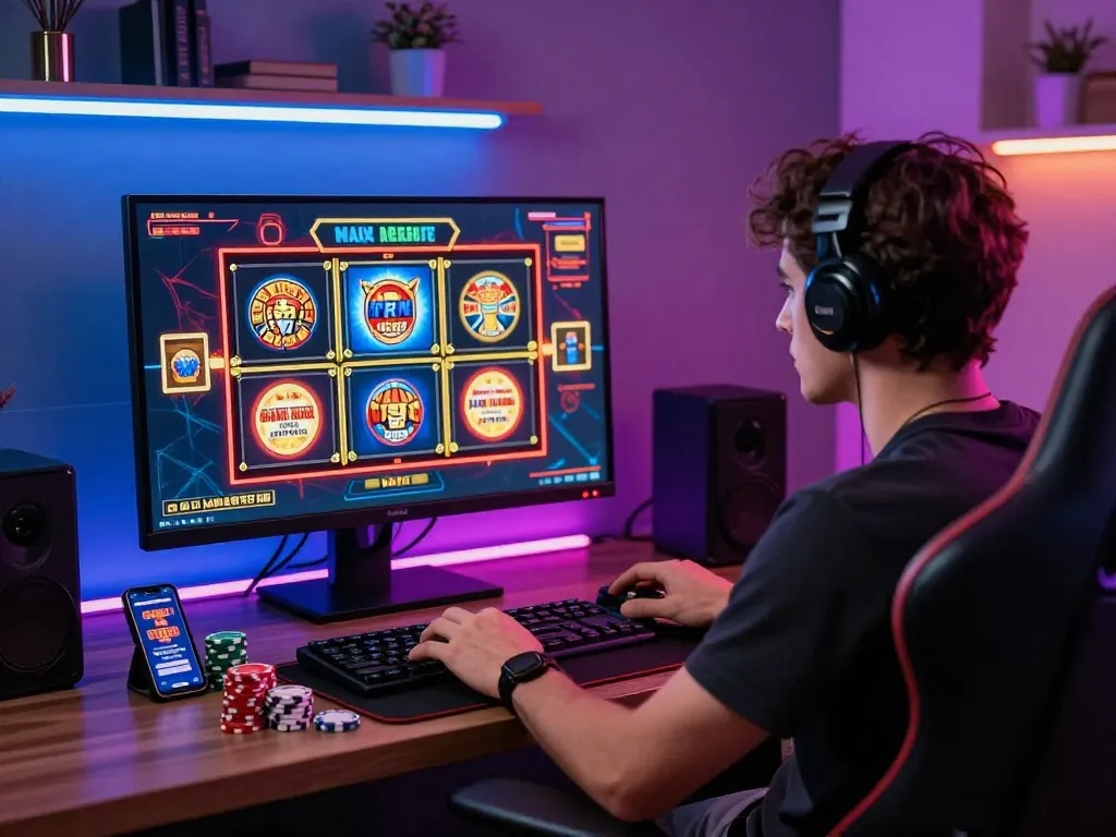 Engaged player enjoying 789club slot game on computer with poker chips nearby.