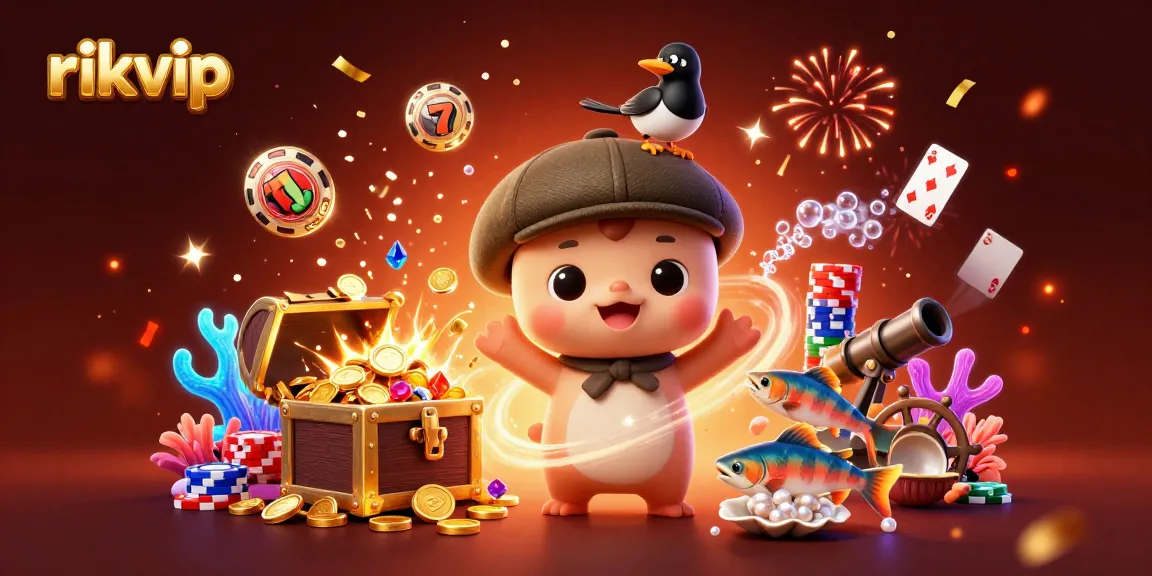 Experience fun at rikvip with playful characters and vibrant casino elements.