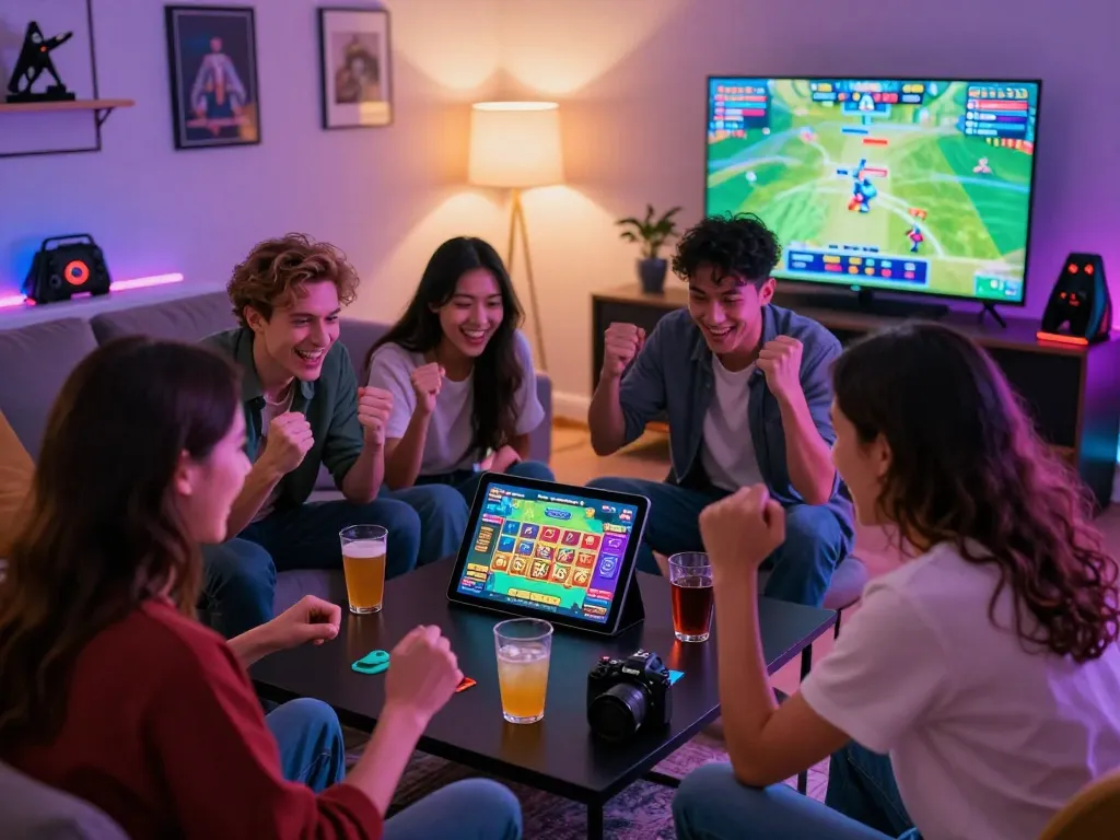 Friends enjoying an exciting game on gem88 in a lively home setting.