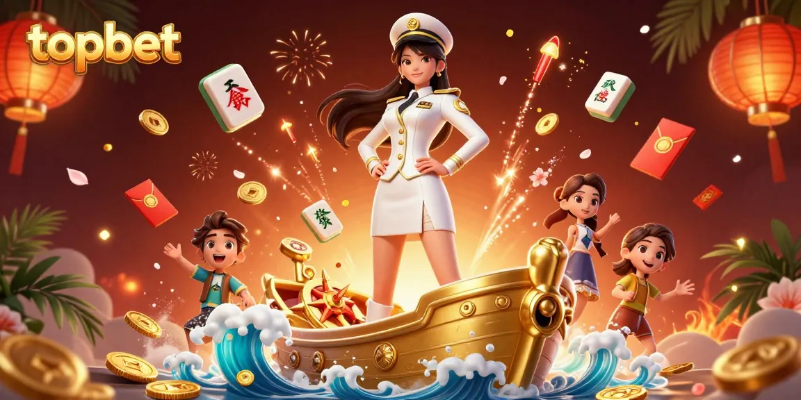 Engage with topbet's dynamic gaming experience featuring vibrant 3D casino elements and a charismatic commanding figure.