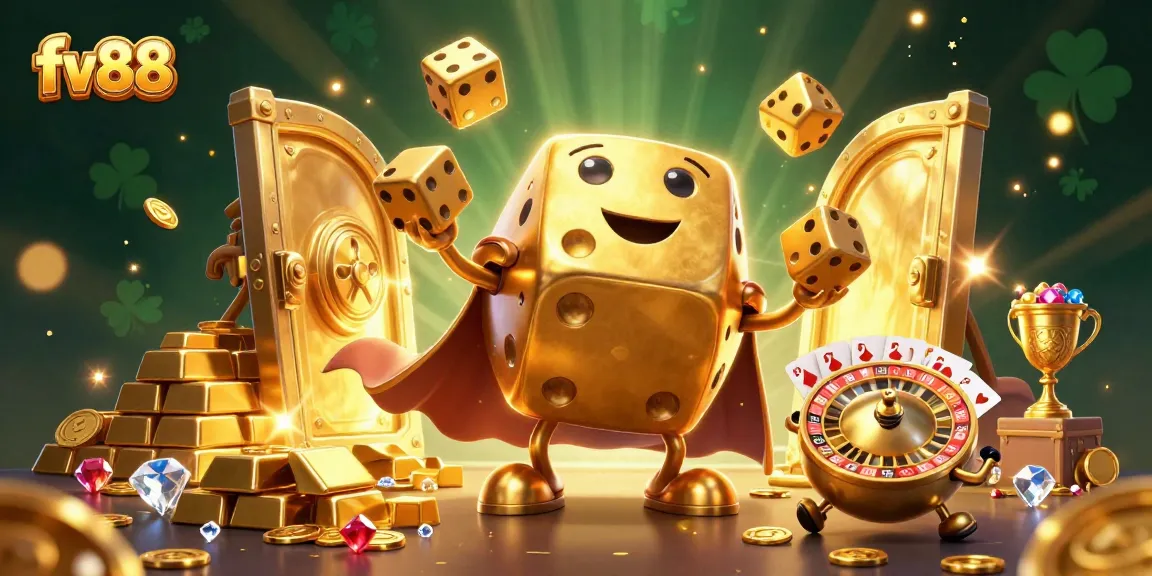 Experience the thrill of fv88's golden dice golem and treasure vault in a vibrant casino scene.