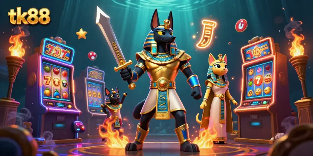 Engage with tk88 as you spin colorful slot machines amid ancient Egyptian warriors.