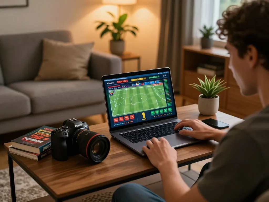 Player enjoying online sports betting with dh 88 insights in a modern home setup, capturing excitement and strategy.