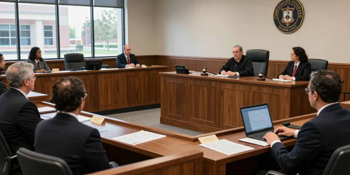Courtroom scene depicting Cherokee County GA DUI court with judge, defendant, and legal team.