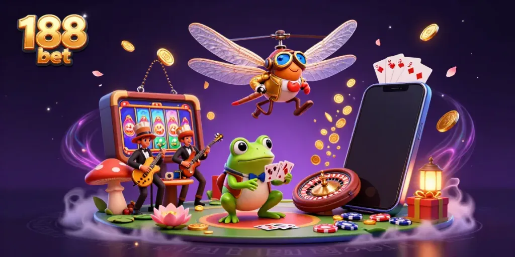 Experience thrilling games at 188 bet with vibrant characters, poker action, and exciting casino elements.