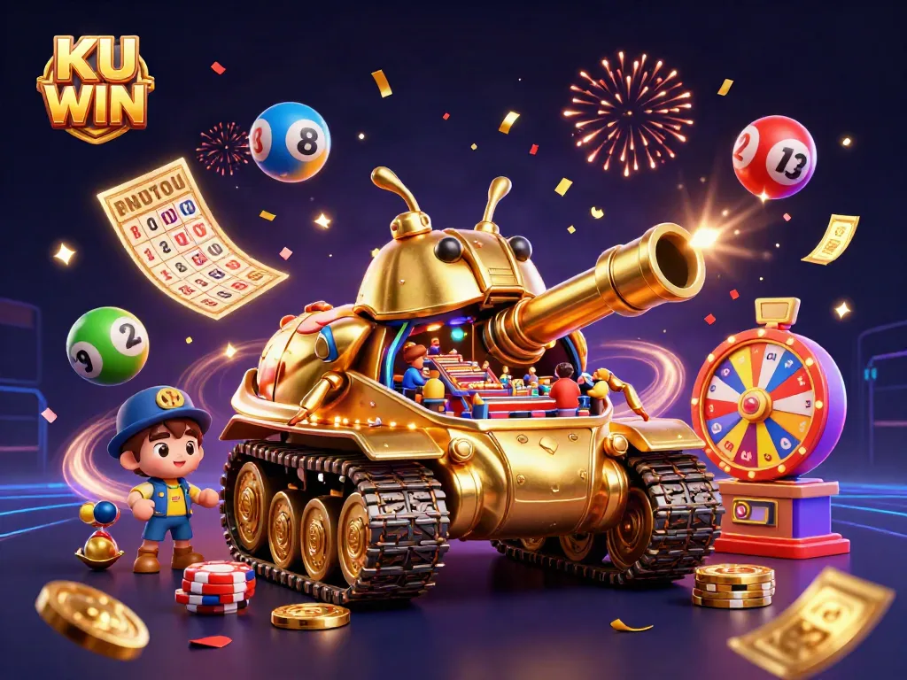 KU WIN showcases casino excitement with a golden beetle tank launching confetti and lucky lottery balls.