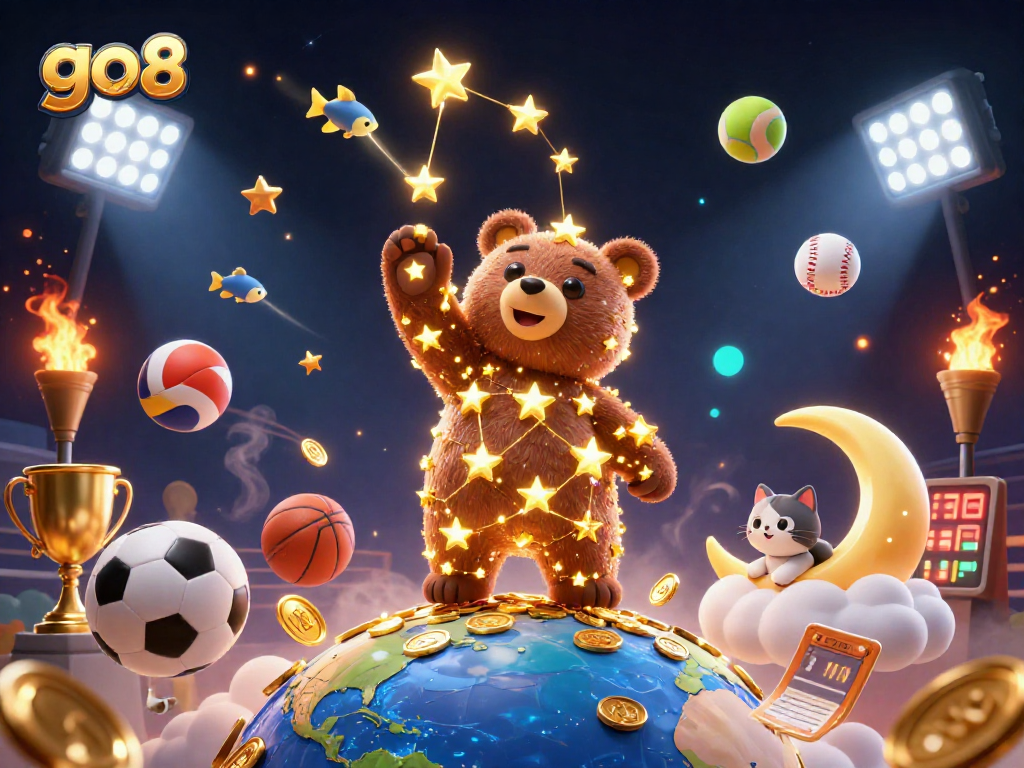 Experience exciting wins and bonuses at go8 with a vibrant 3D illustration of casino elements.