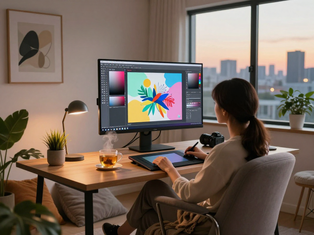Creative individual at a vibrant digital workspace, exploring nsfw art themes with warm ambient light.