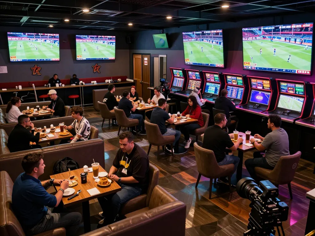 1gom sports betting lounge with live event screens and enthusiastic bettors placing bets