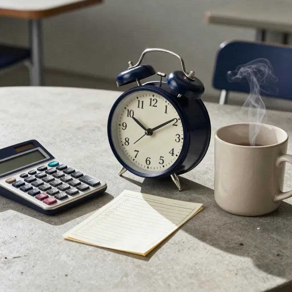 Clock, calculator, punched time cards and a steaming mug on a concrete canteen table.