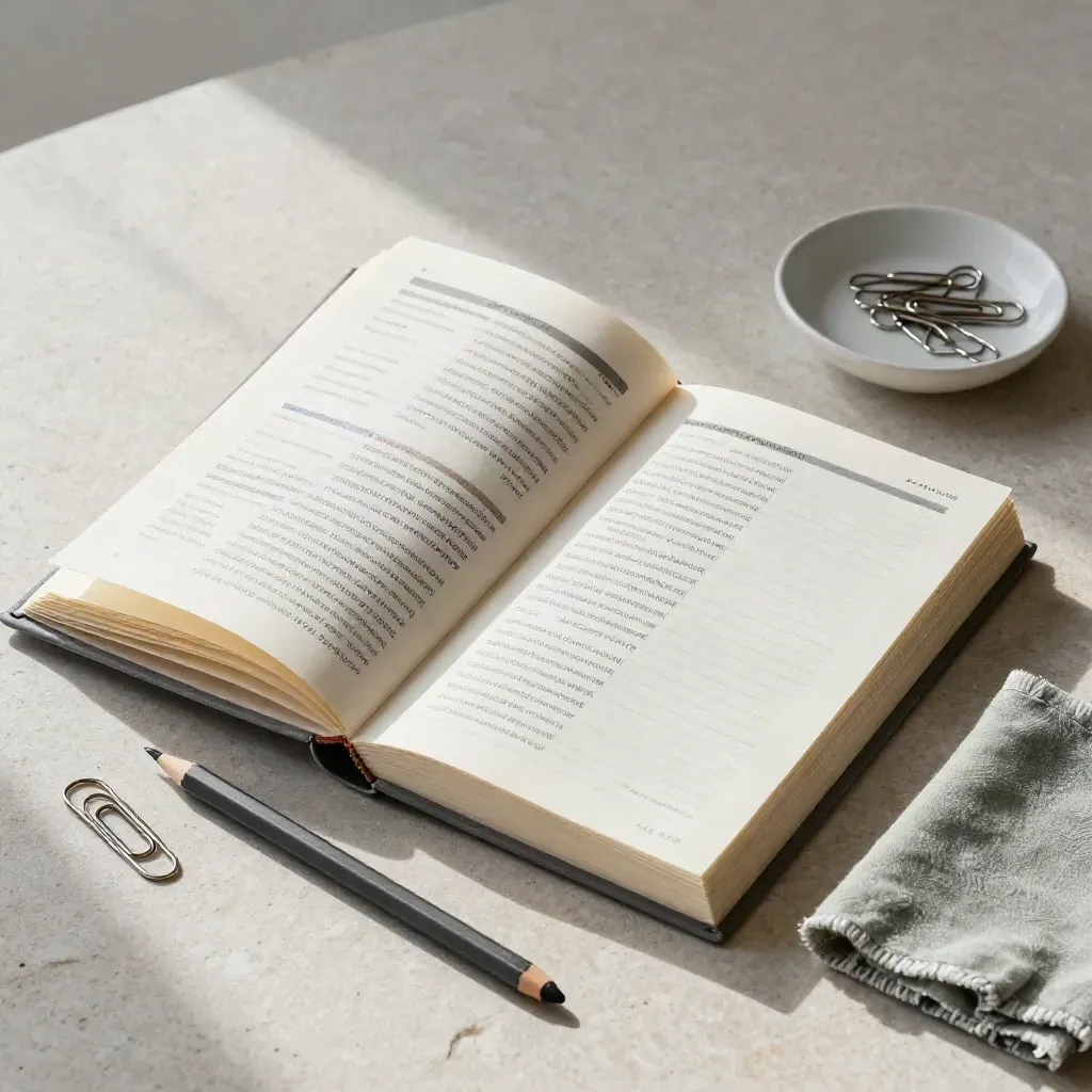 Overhead handbook audit spread with pencil, paperclip dish and sage swatch on pale stone.