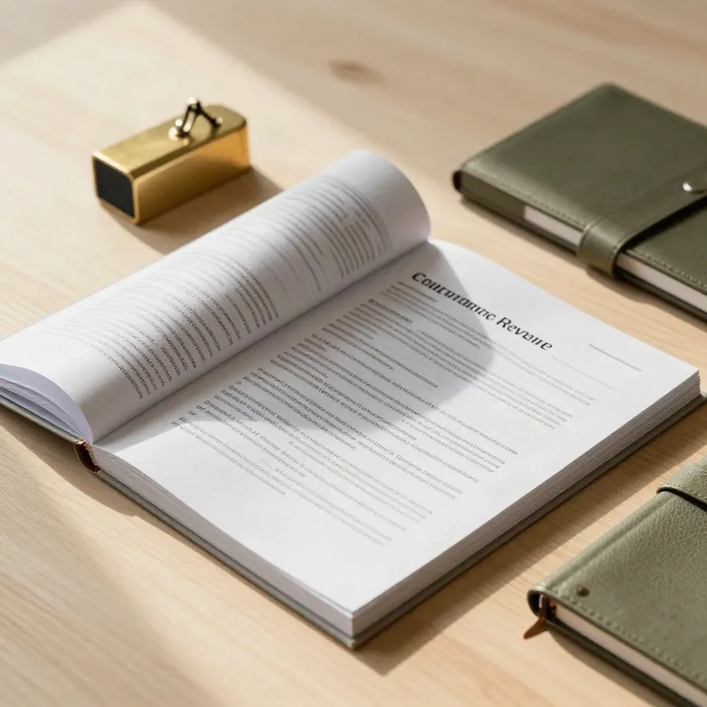 Overhead of policy pack, dividers, brass paperweight and olive notebook on warm wood in soft daylight