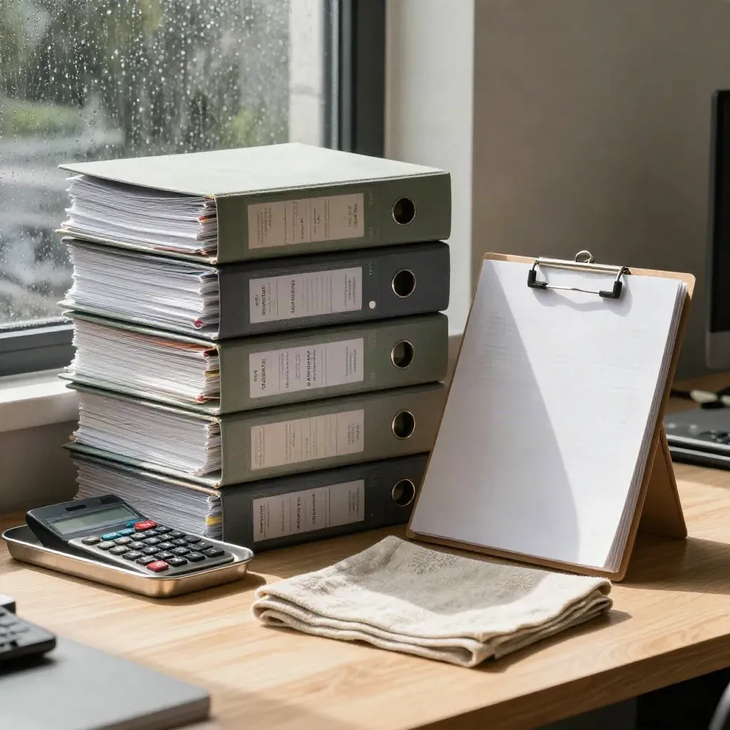 Rain-lit workplace compliance binders, handbook pages, tabs and calculator on a pale oak table.