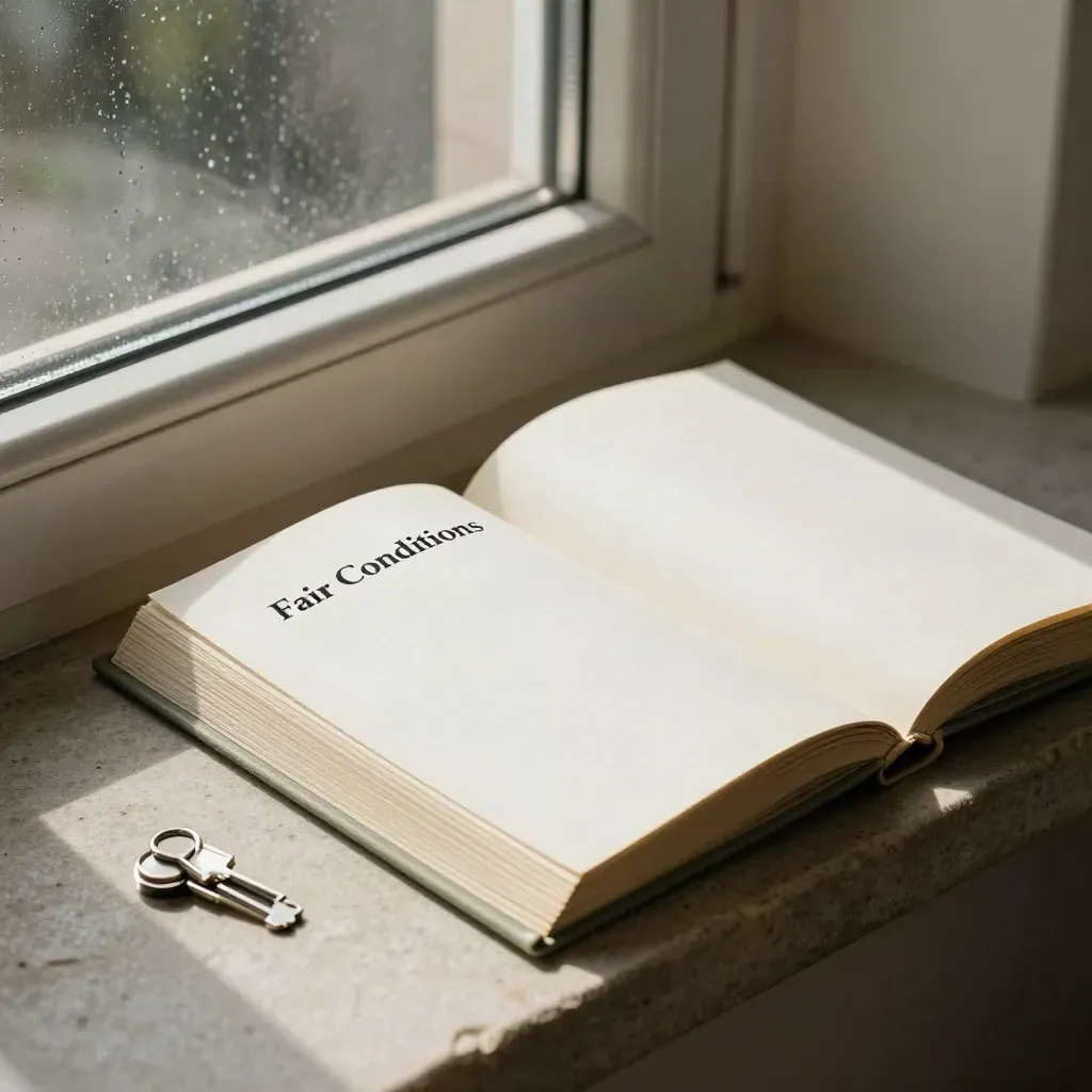 Open staff handbook with sage flags, linen folder and clips on stone by window light.