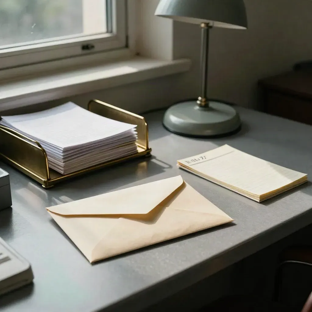 Brass file tray with sealed envelopes and a face-down memo pad on a slate counter.