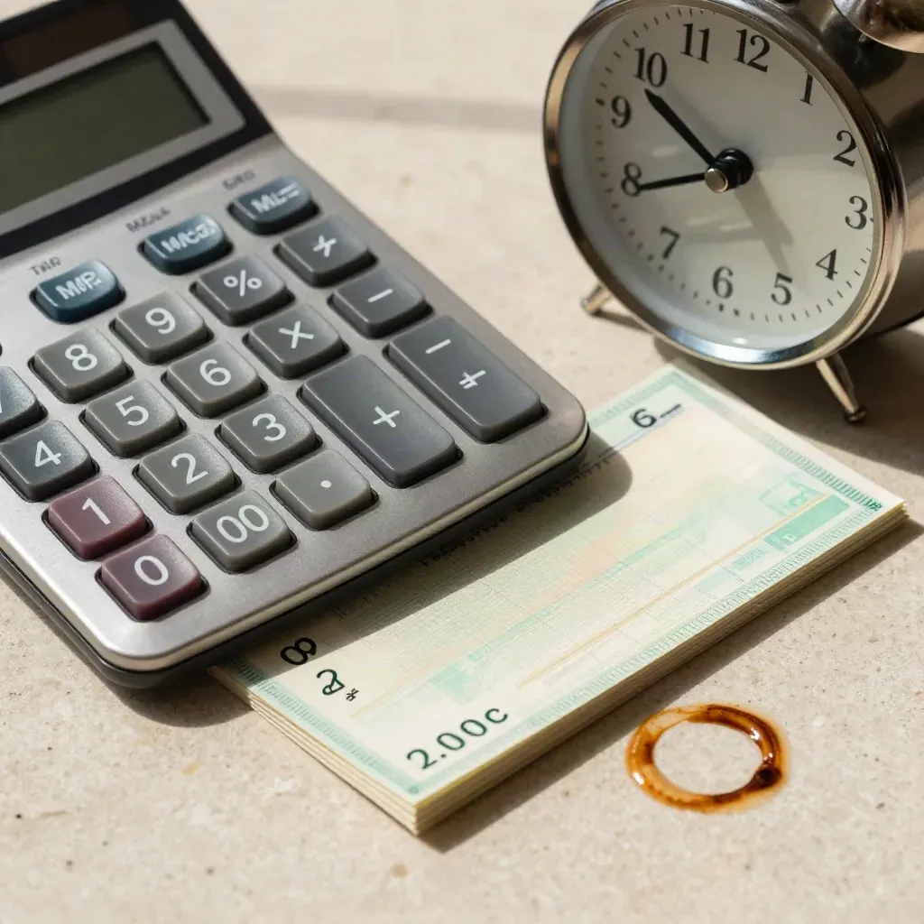 Calculator, desk clock, folded rota cards and coffee ring on stone, shot from above.