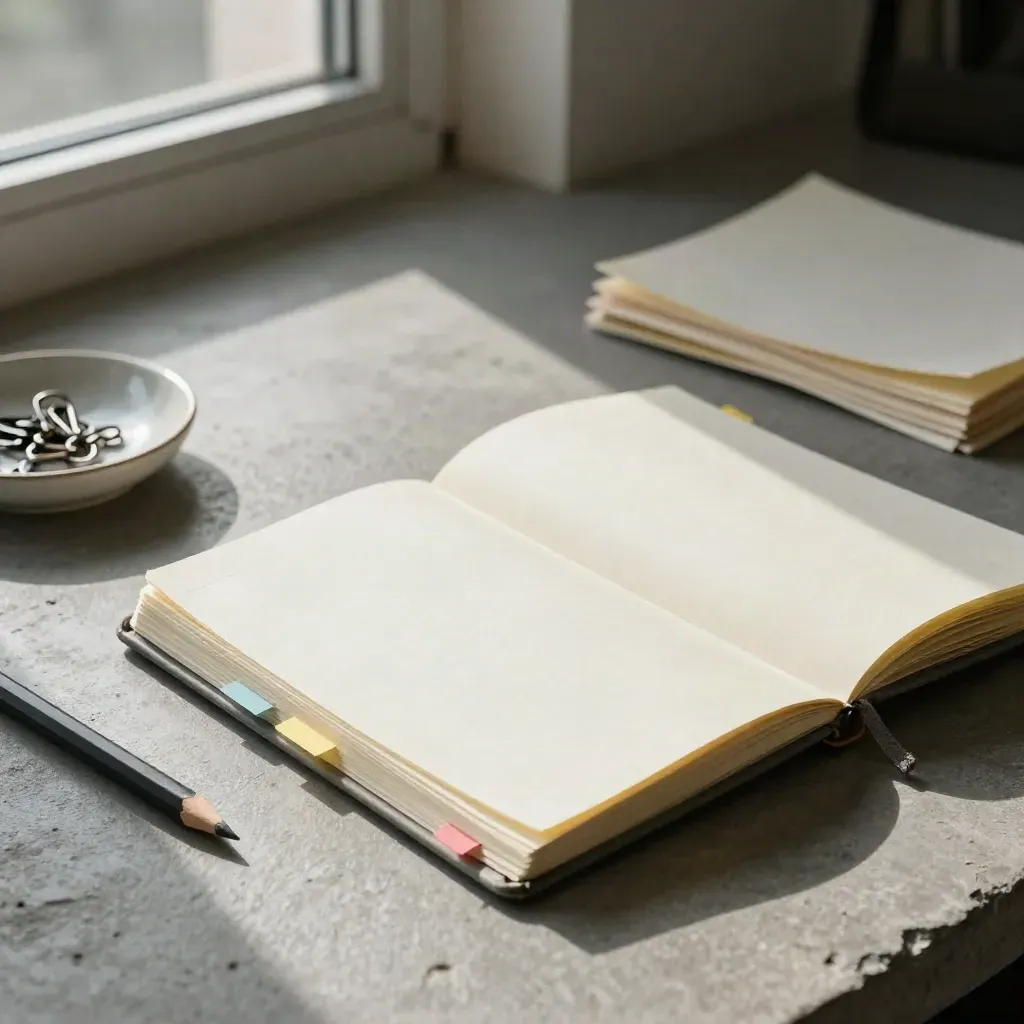 Policy notes with tabs, pencil, clips and paper stack on brushed concrete in moody side light.