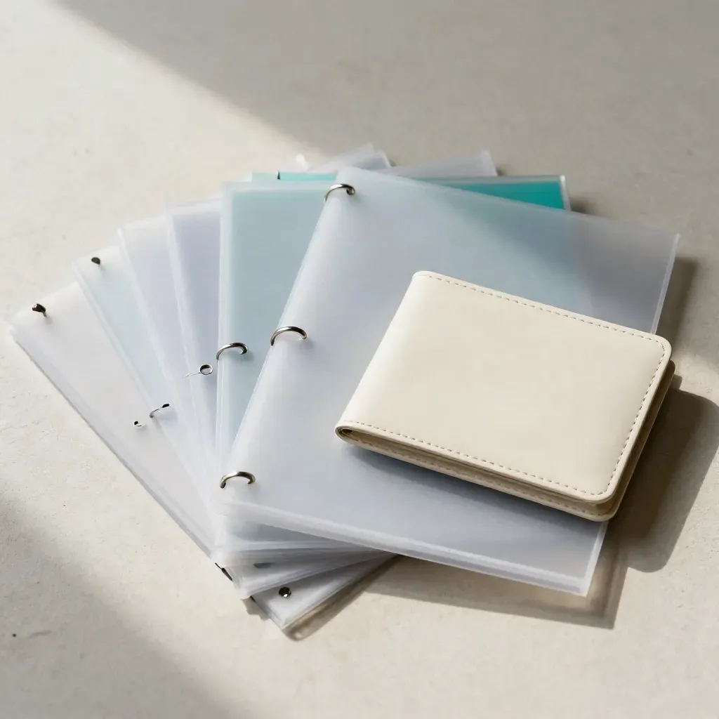 Top-down set of blank form sleeves, binder rings, dividers and a card wallet on pale plaster