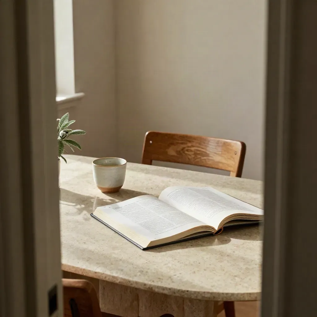 Open policy pack on a travertine meeting table beside a pulled-back chair and a sage plant.