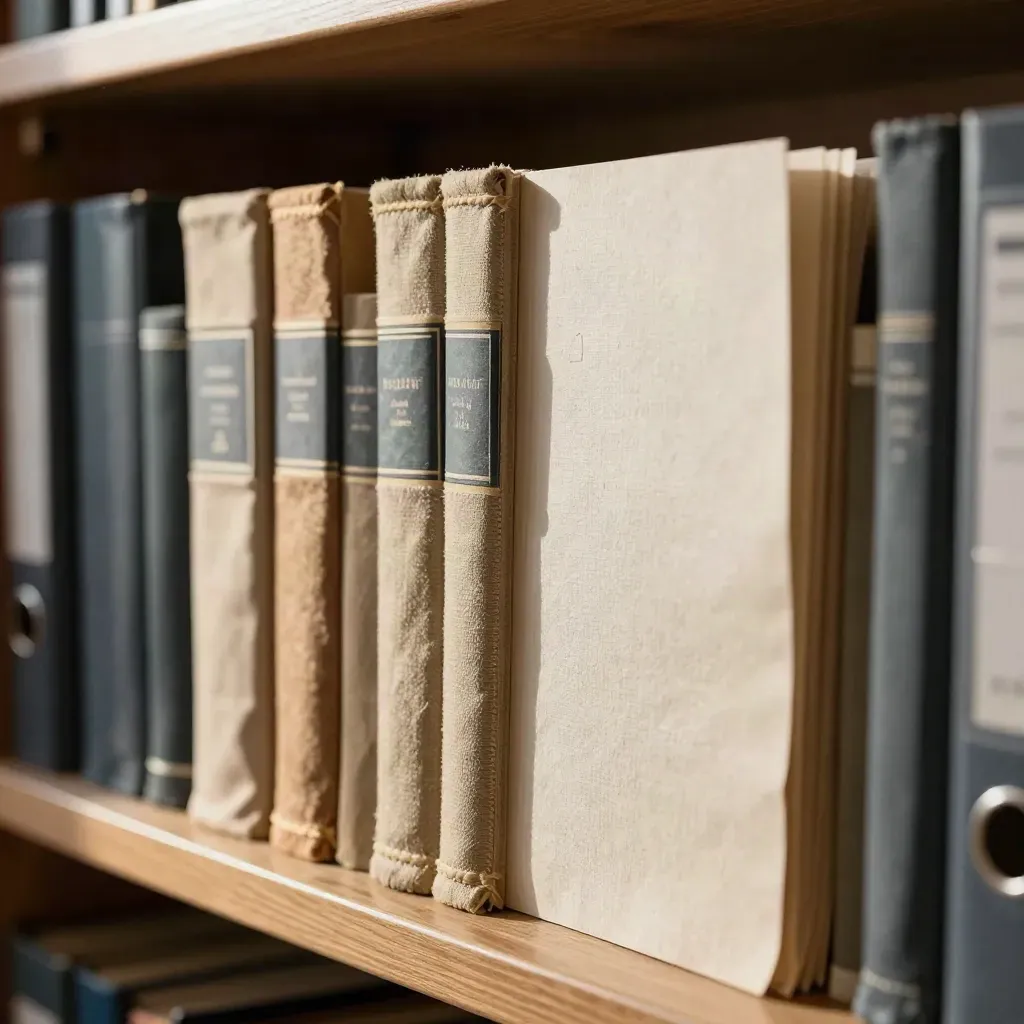 Open handbook volumes and page flags on a shelf in a charity office archive, sunlit dust in the air.