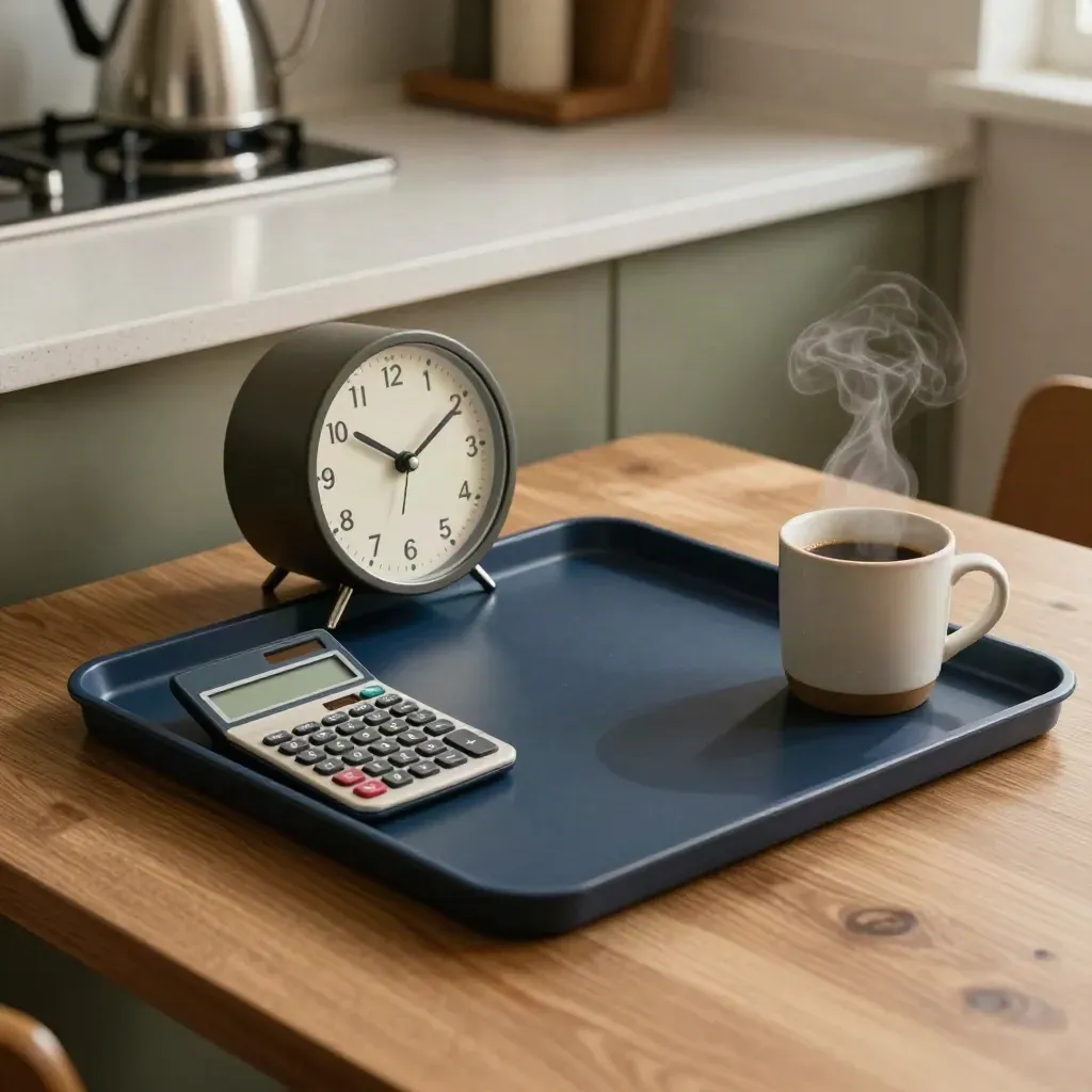 Break-room table with clock, calculator, tray and steaming mug in hard daylight.