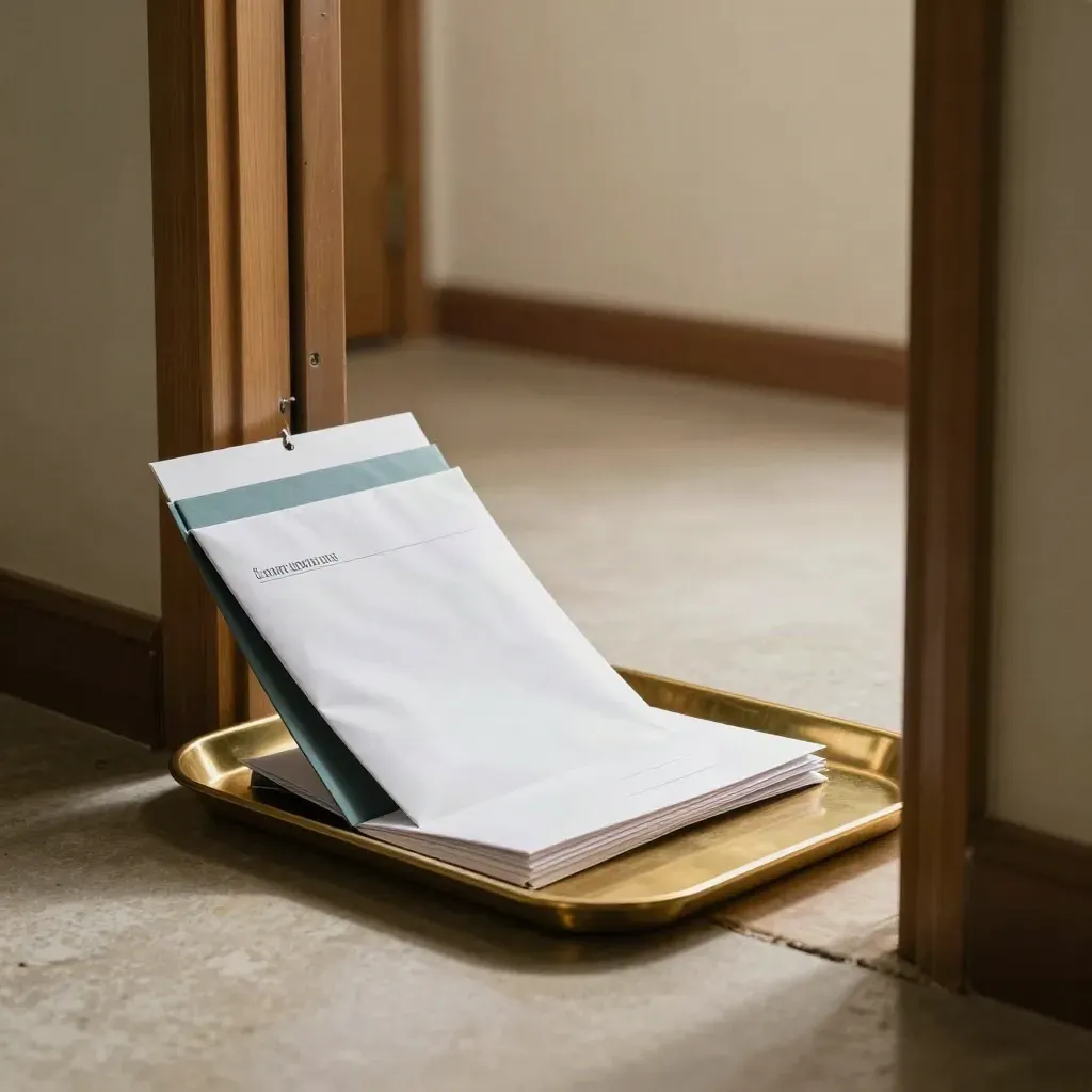 Grievance pack on brass tray beside a closed meeting-room door in a quiet corridor.